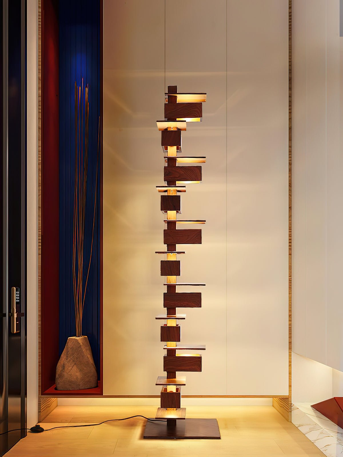 Modern Taliesin Style Stacked Wood Box Floor Lamp with Warm Ambient Uplight