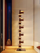 Modern Taliesin Style Stacked Wood Box Floor Lamp with Warm Ambient Uplight