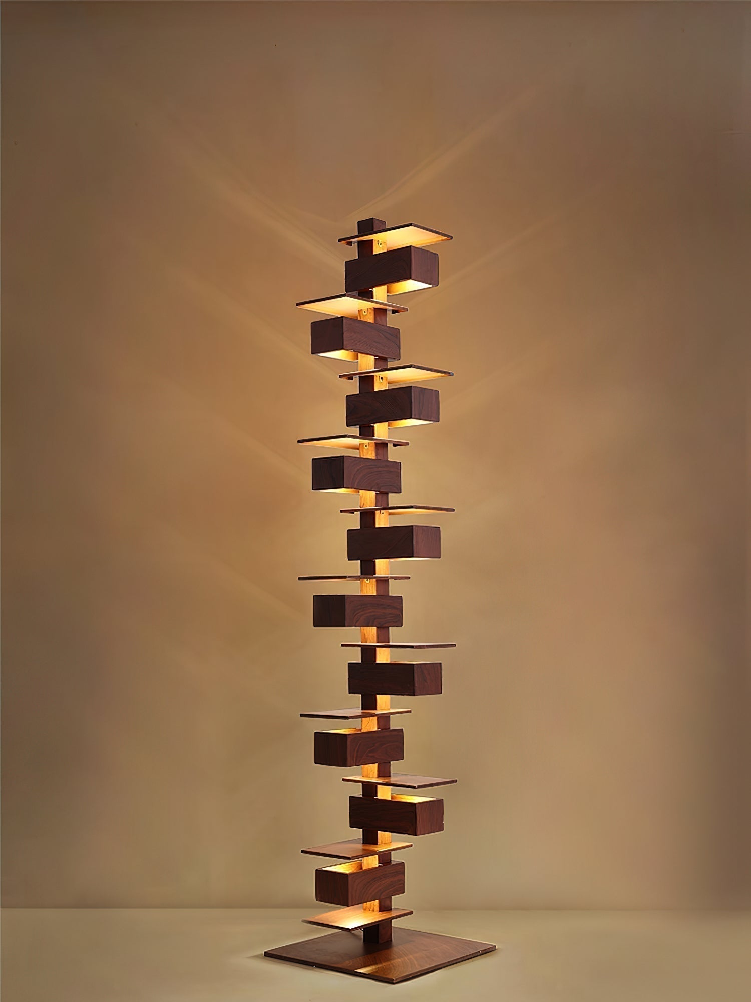 Modern Taliesin Style Stacked Wood Box Floor Lamp with Warm Ambient Uplight