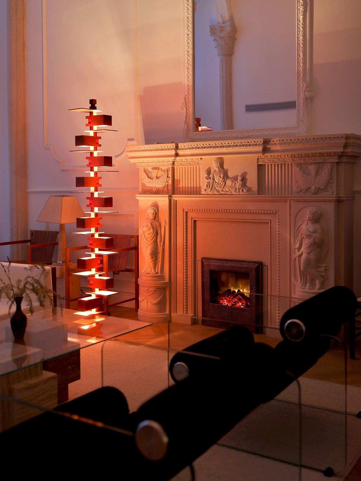 Modern Taliesin Style Stacked Wood Box Floor Lamp with Warm Ambient Uplight