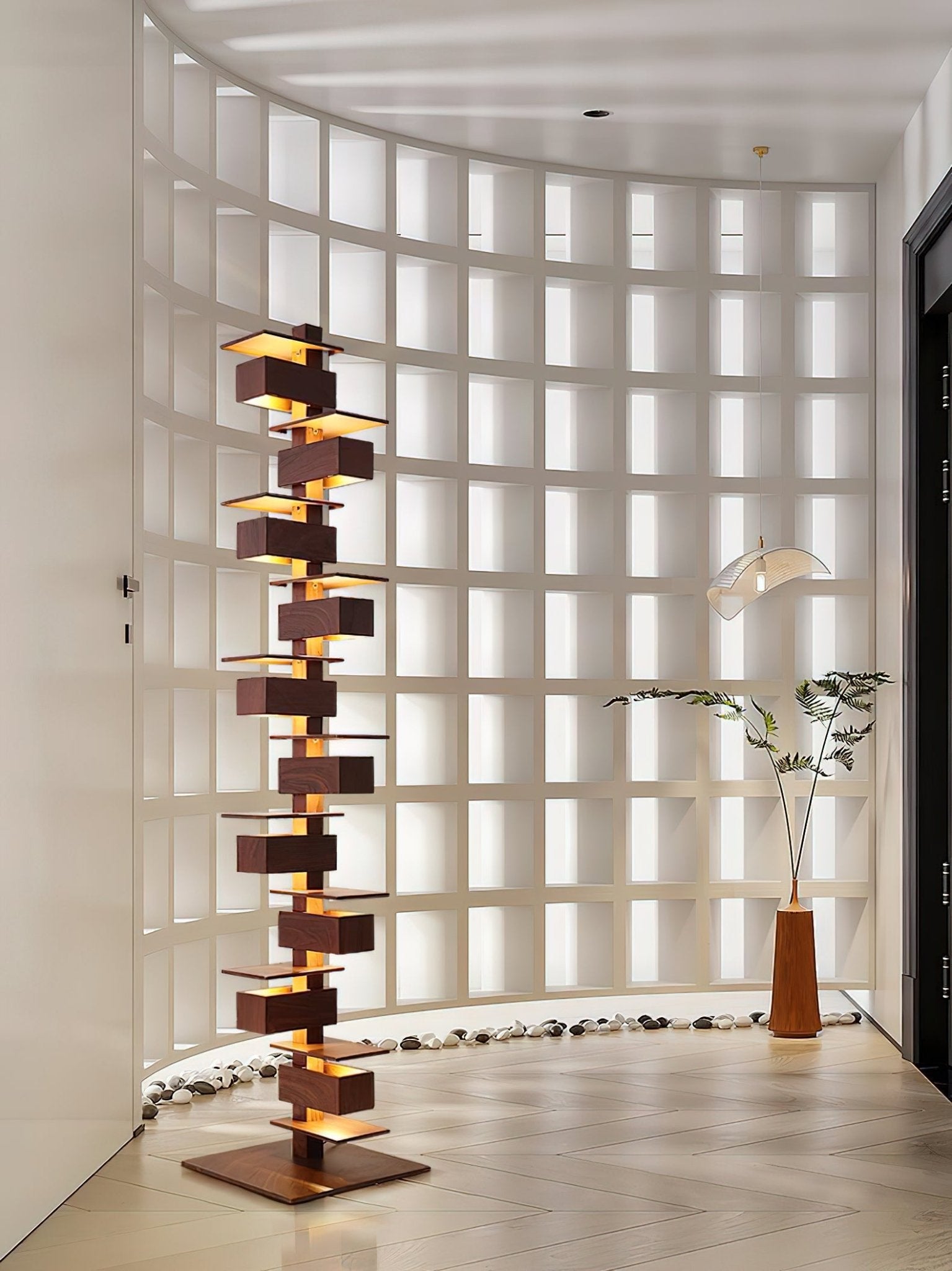 Modern Taliesin Style Stacked Wood Box Floor Lamp with Warm Ambient Uplight