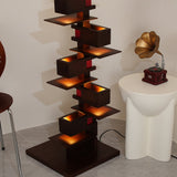 Modern Taliesin Style Stacked Wood Box Floor Lamp with Warm Ambient Uplight