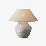 Rustic Weathered White Ceramic Etruscan Urn Table Lamp with Linen Fabric Shade for Bedroom