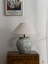 Rustic Weathered White Ceramic Etruscan Urn Table Lamp with Linen Fabric Shade for Bedroom