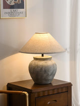 Rustic Weathered White Ceramic Etruscan Urn Table Lamp with Linen Fabric Shade for Bedroom