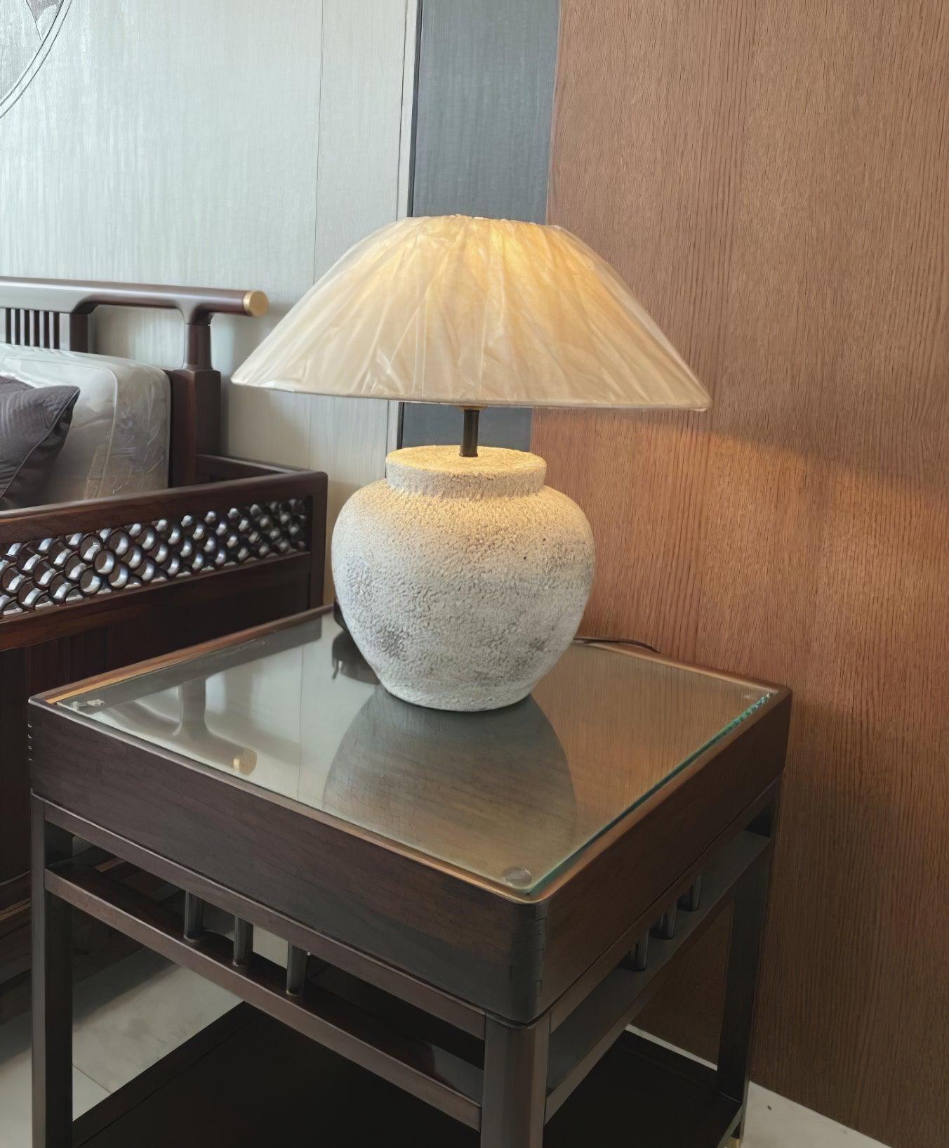 Rustic Weathered White Ceramic Etruscan Urn Table Lamp with Linen Fabric Shade for Bedroom