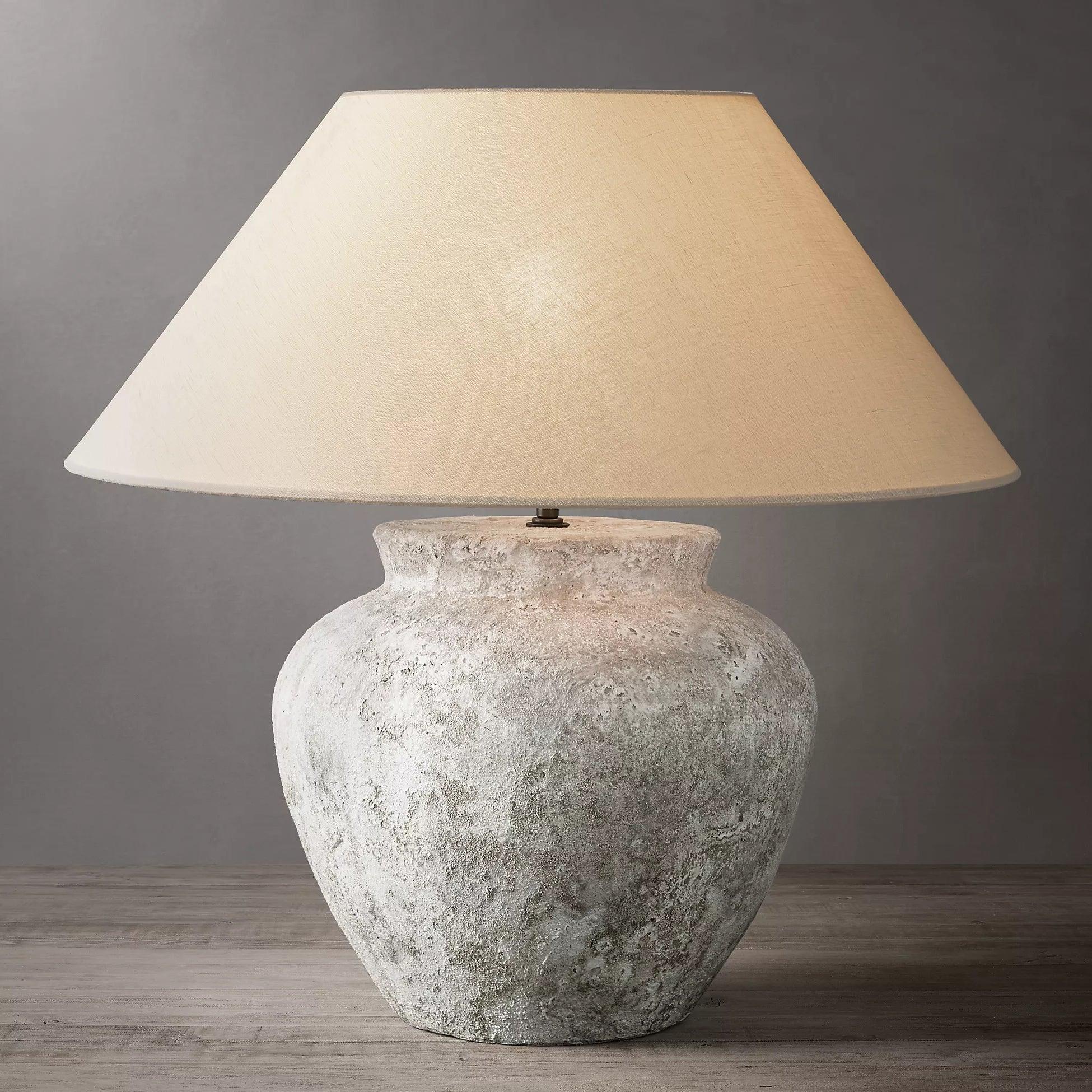 Rustic Weathered White Ceramic Etruscan Urn Table Lamp with Linen Fabric Shade for Bedroom