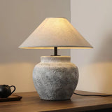 Rustic Weathered White Ceramic Etruscan Urn Table Lamp with Linen Fabric Shade for Bedroom