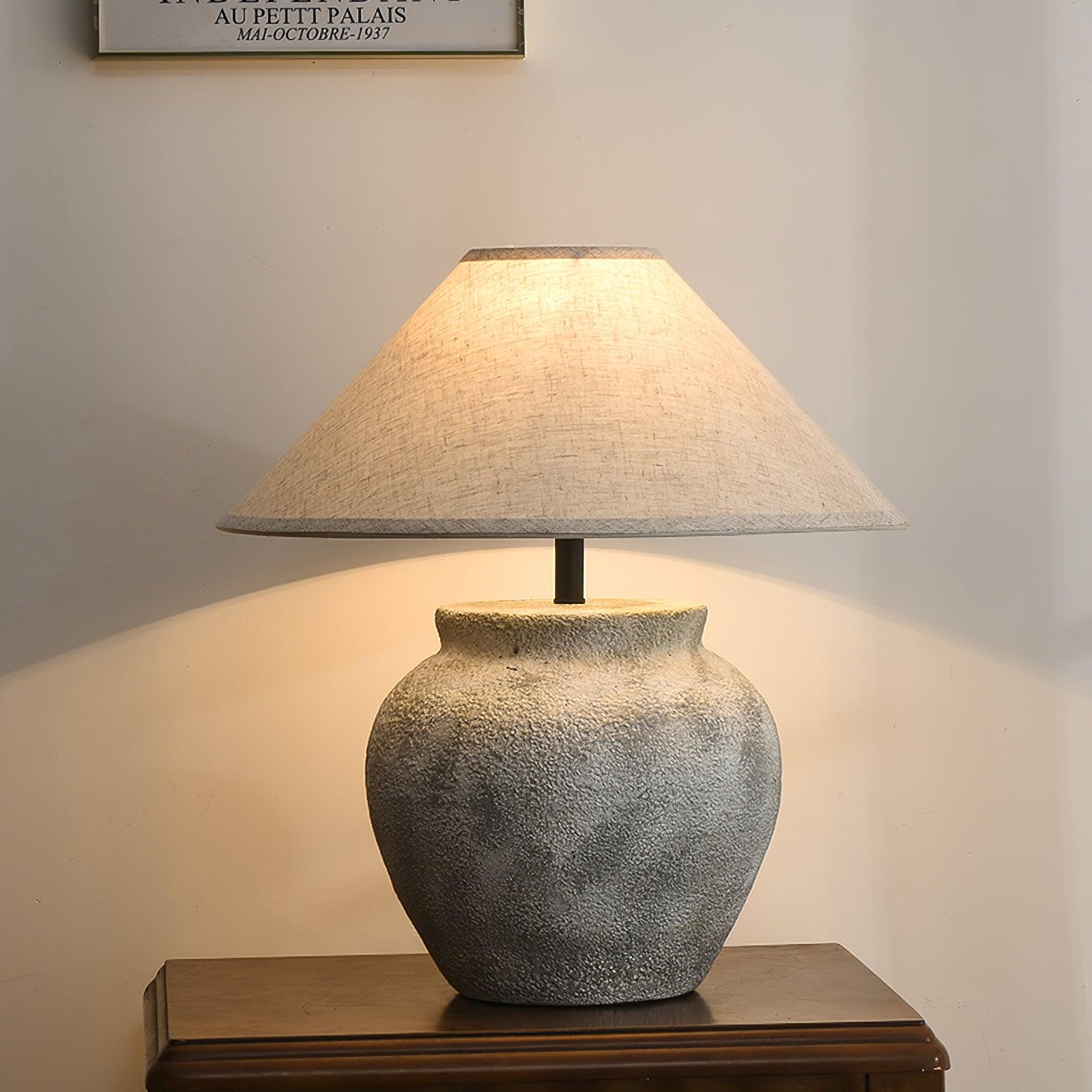 Rustic Weathered White Ceramic Etruscan Urn Table Lamp with Linen Fabric Shade for Bedroom