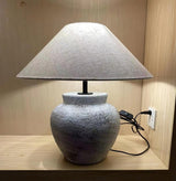 Rustic Weathered White Ceramic Etruscan Urn Table Lamp with Linen Fabric Shade for Bedroom