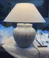 Rustic Weathered White Ceramic Etruscan Urn Table Lamp with Linen Fabric Shade for Bedroom