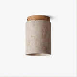 Modern Travertine Stone Cylinder Flush Mount Ceiling Light with Wood Finishes
