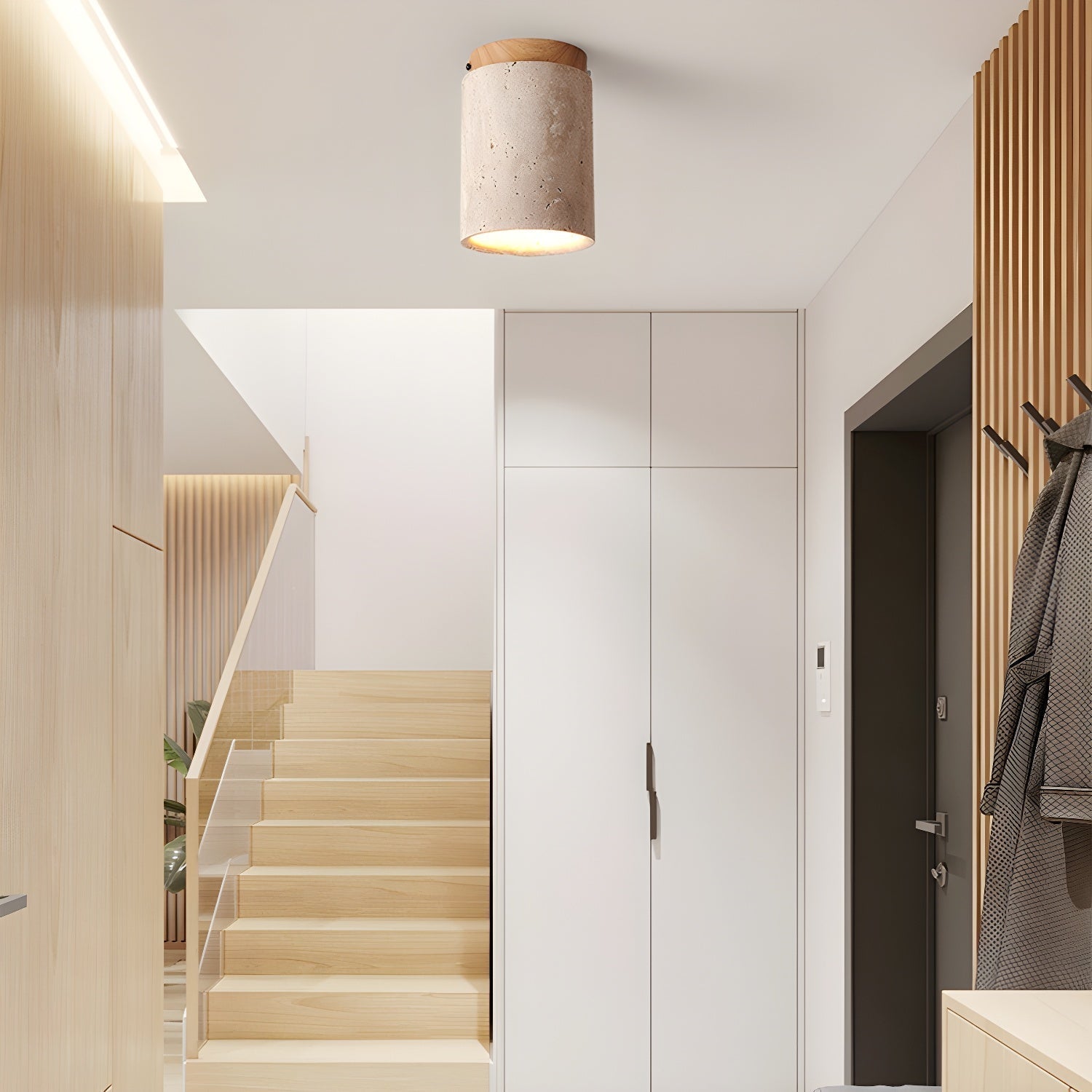 Modern Travertine Stone Cylinder Flush Mount Ceiling Light with Wood Finishes