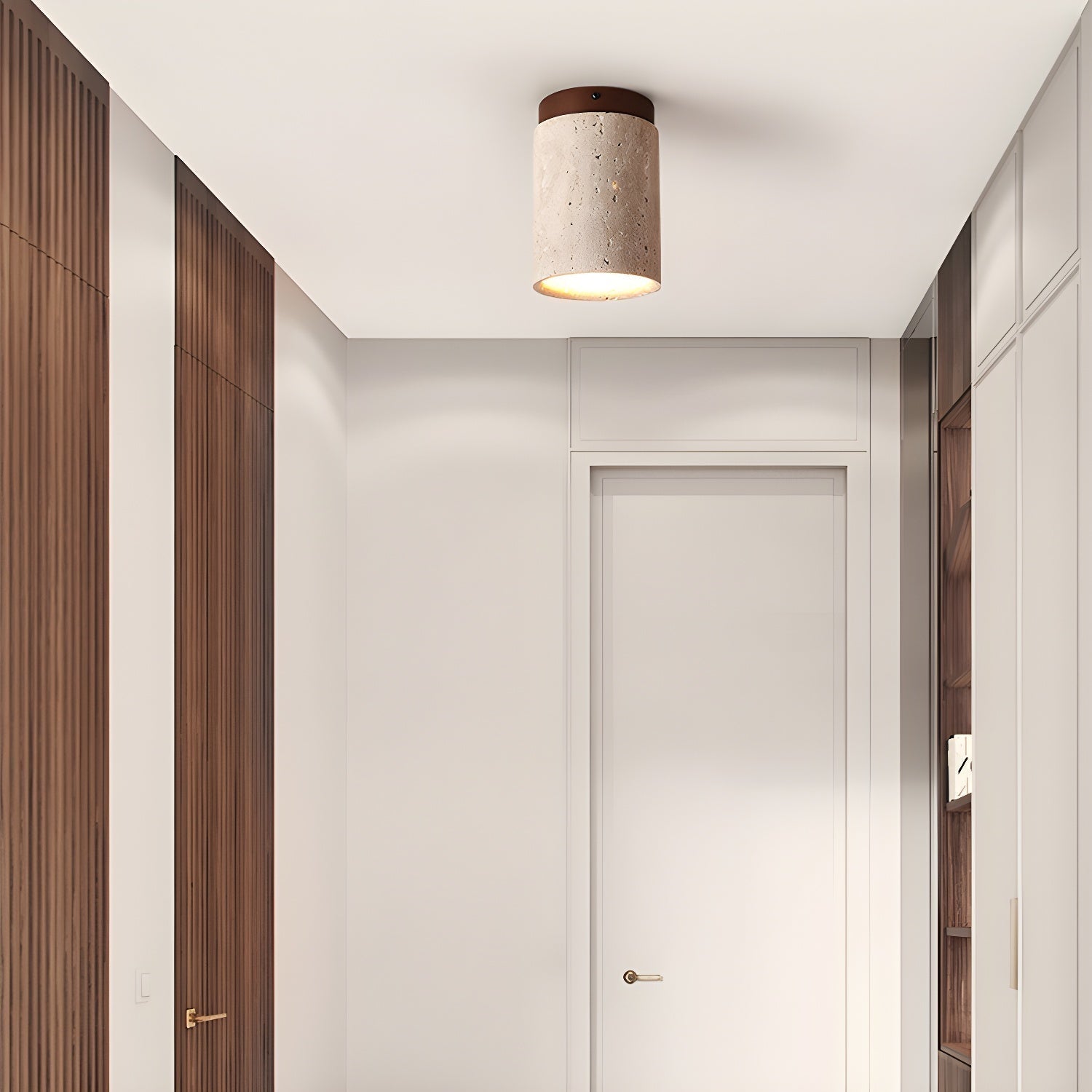 Modern Travertine Stone Cylinder Flush Mount Ceiling Light with Wood Finishes