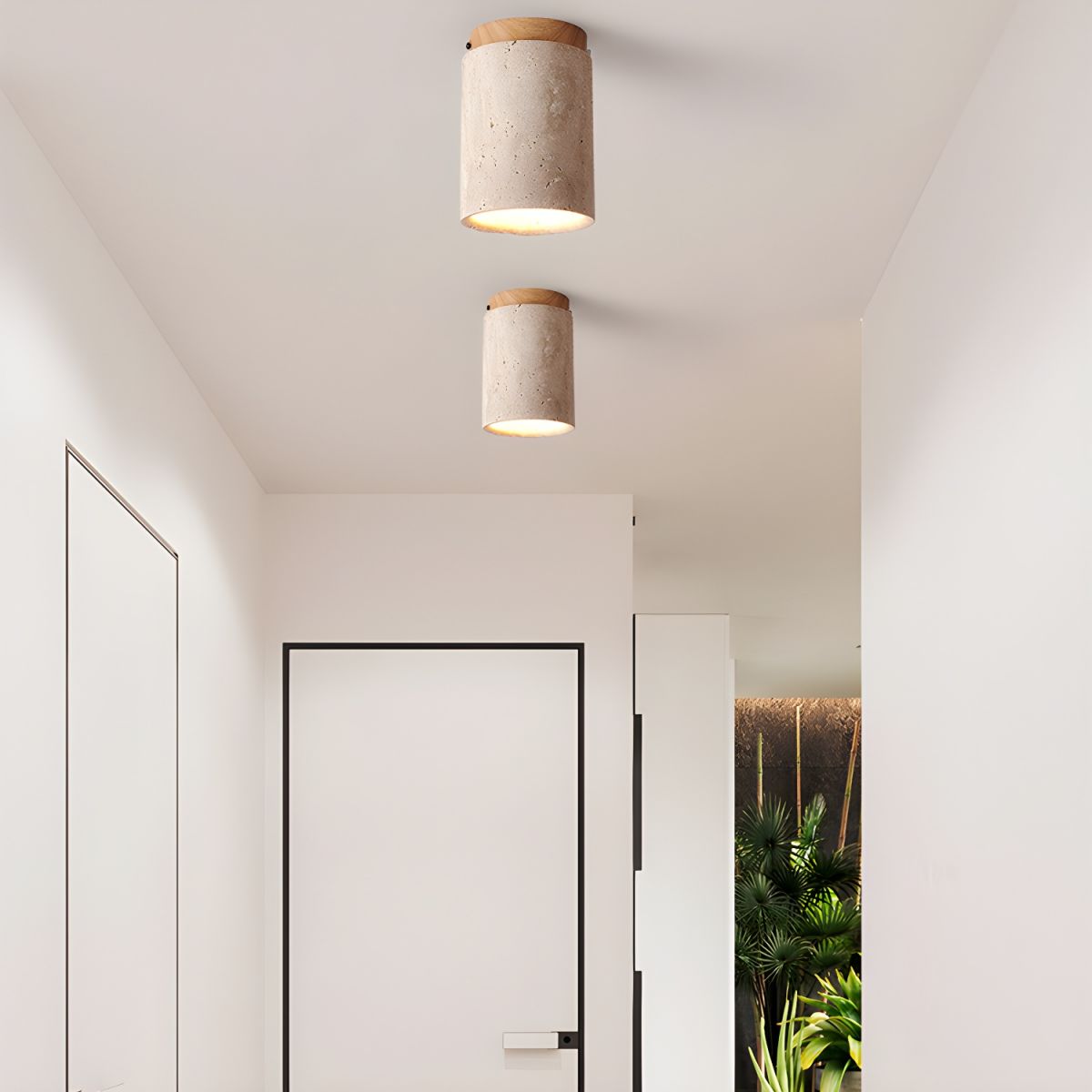 Modern Travertine Stone Cylinder Flush Mount Ceiling Light with Wood Finishes