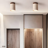 Modern Travertine Stone Cylinder Flush Mount Ceiling Light with Wood Finishes