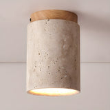 Modern Travertine Stone Cylinder Flush Mount Ceiling Light with Wood Finishes
