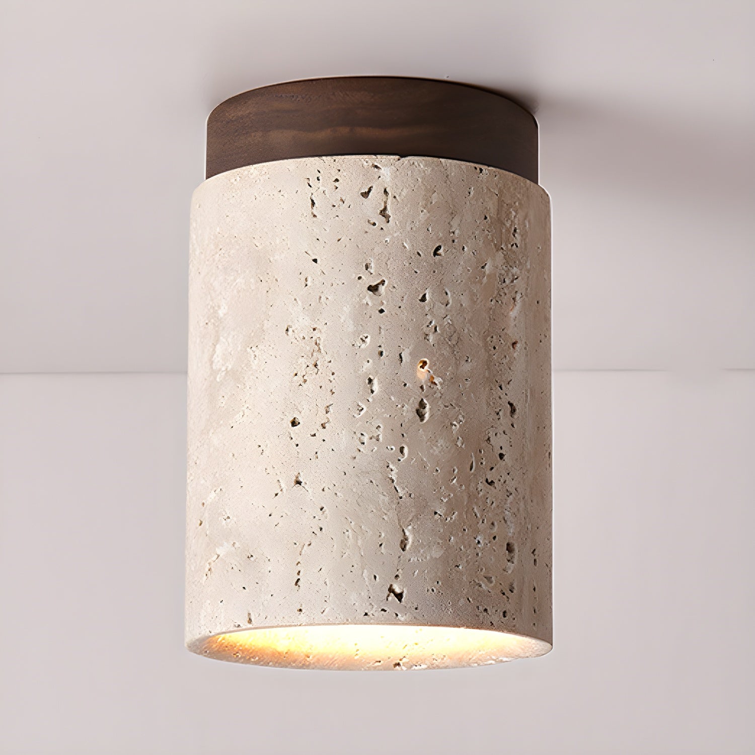 Modern Travertine Stone Cylinder Flush Mount Ceiling Light with Wood Finishes