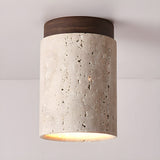 Modern Travertine Stone Cylinder Flush Mount Ceiling Light with Wood Finishes