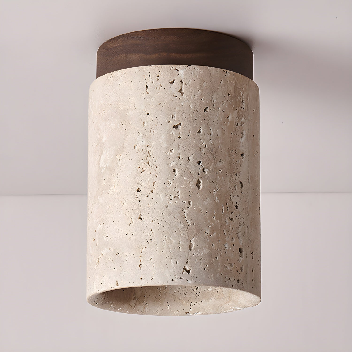 Modern Travertine Stone Cylinder Flush Mount Ceiling Light with Wood Finishes
