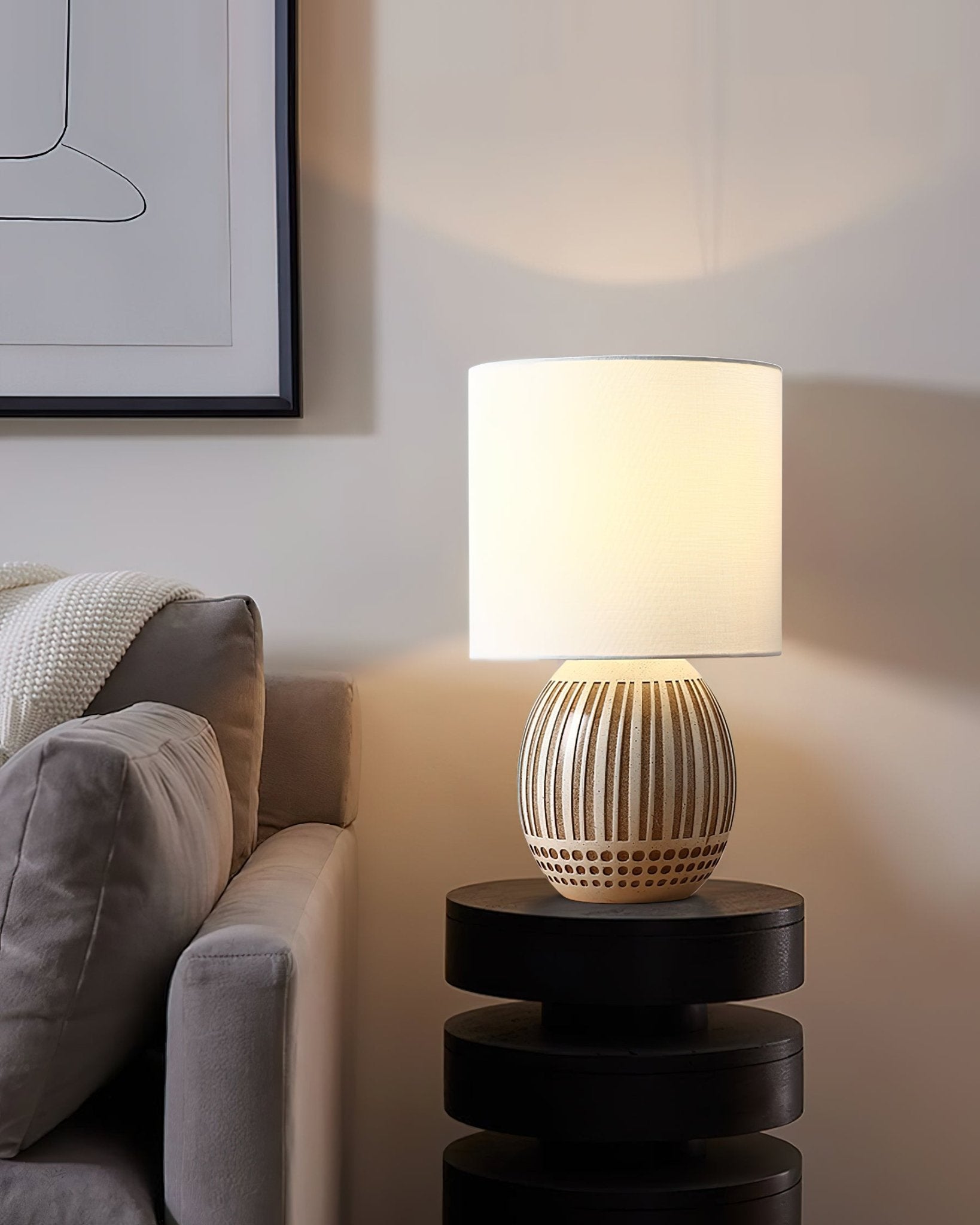 Modern Striped Ceramic Table Lamp with White Shade for Bedside and Living Room Reading