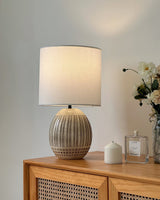 Modern Striped Ceramic Table Lamp with White Shade for Bedside and Living Room Reading