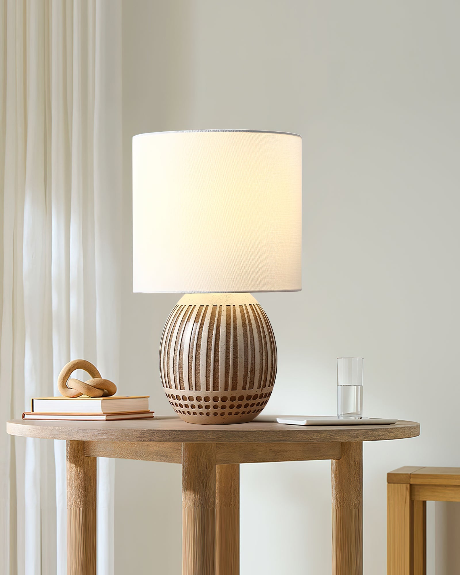 Modern Striped Ceramic Table Lamp with White Shade for Bedside and Living Room Reading