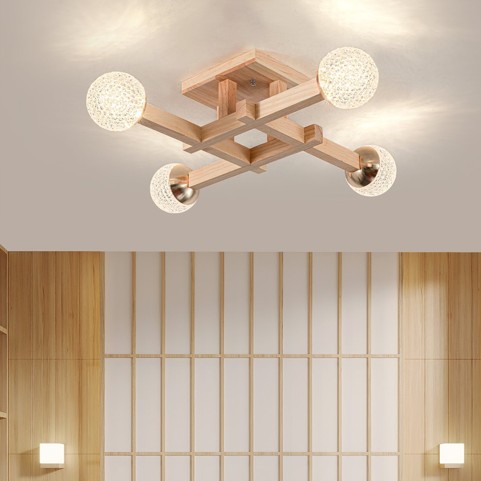 modern-tetrix-wood-flush-mount-ceiling-light-with-white-glass-shades-for-living-room-bedroom