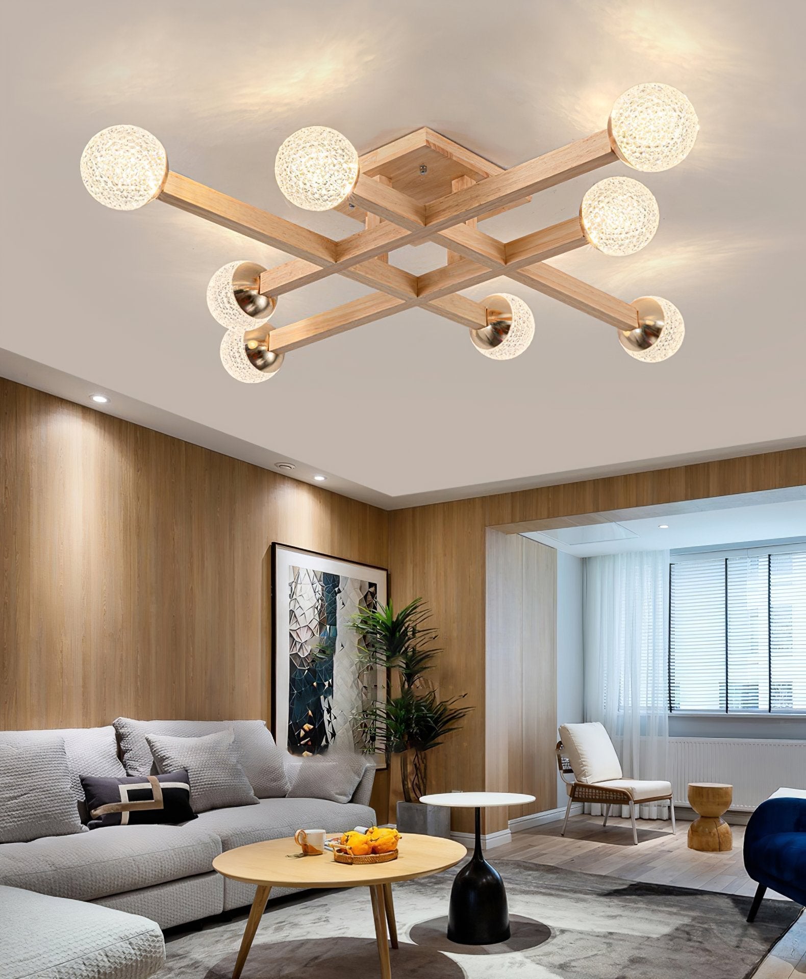 modern-tetrix-wood-flush-mount-ceiling-light-with-white-glass-shades-for-living-room-bedroom