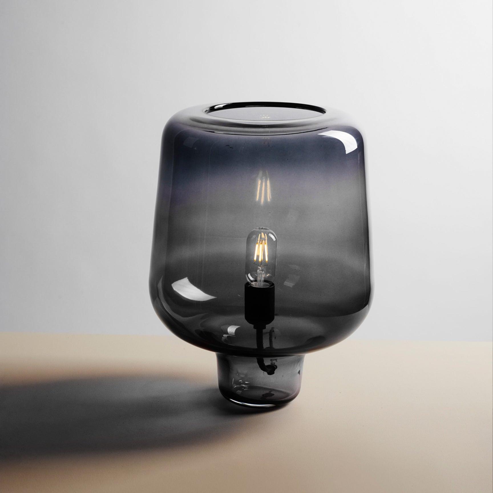 Modern Smoke Gray Glass Lantern Table Lamp with Contemporary Metal Frame for Bedside and Living Room