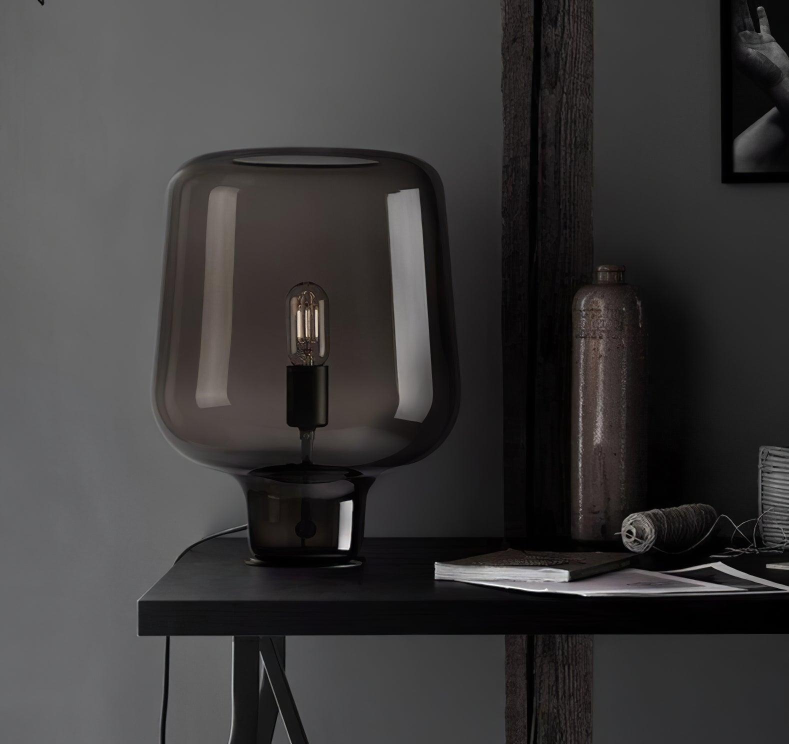 Modern Smoke Gray Glass Lantern Table Lamp with Contemporary Metal Frame for Bedside and Living Room
