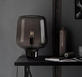 Modern Smoke Gray Glass Lantern Table Lamp with Contemporary Metal Frame for Bedside and Living Room