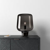 Modern Smoke Gray Glass Lantern Table Lamp with Contemporary Metal Frame for Bedside and Living Room