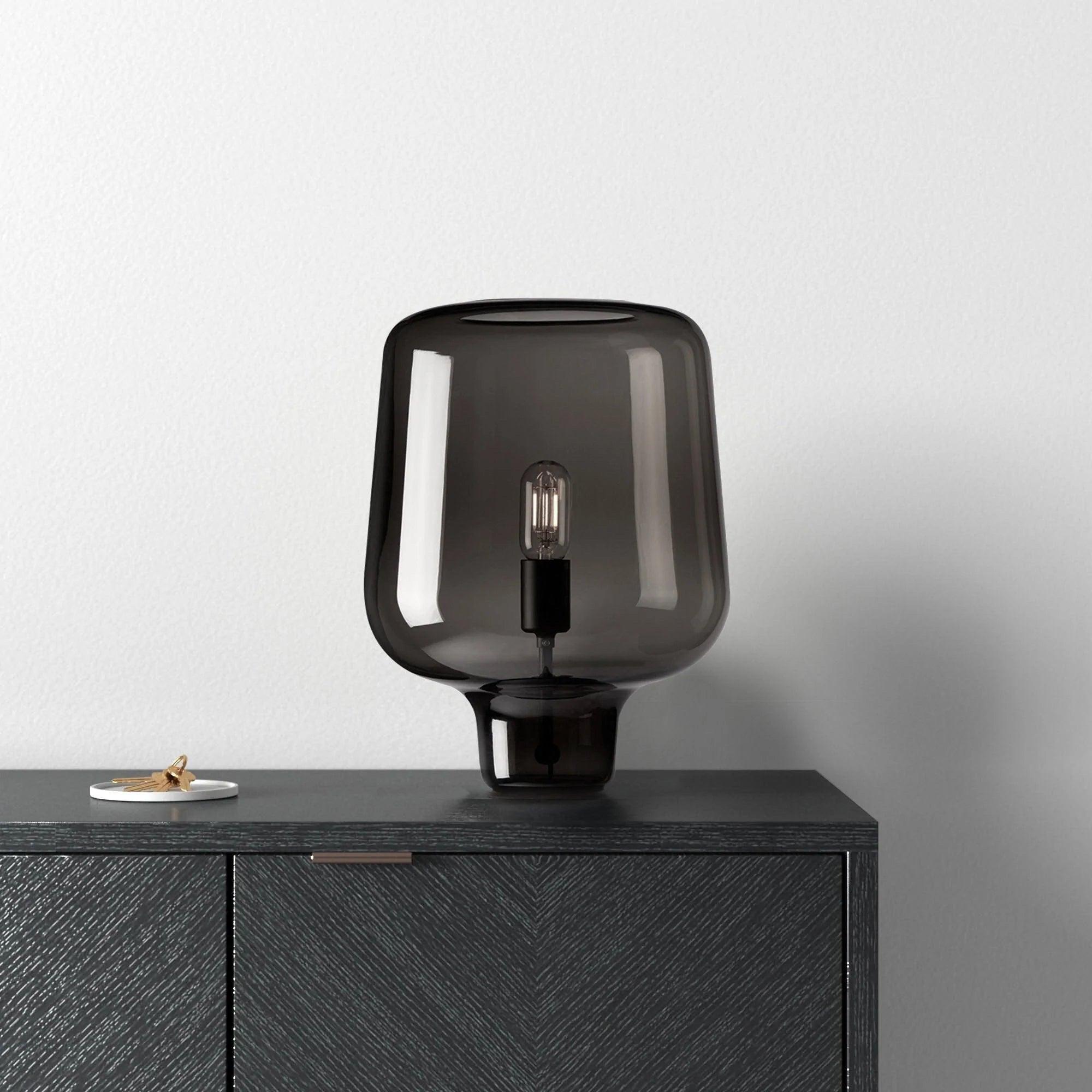 Modern Smoke Gray Glass Lantern Table Lamp with Contemporary Metal Frame for Bedside and Living Room
