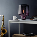 Modern Smoke Gray Glass Lantern Table Lamp with Contemporary Metal Frame for Bedside and Living Room