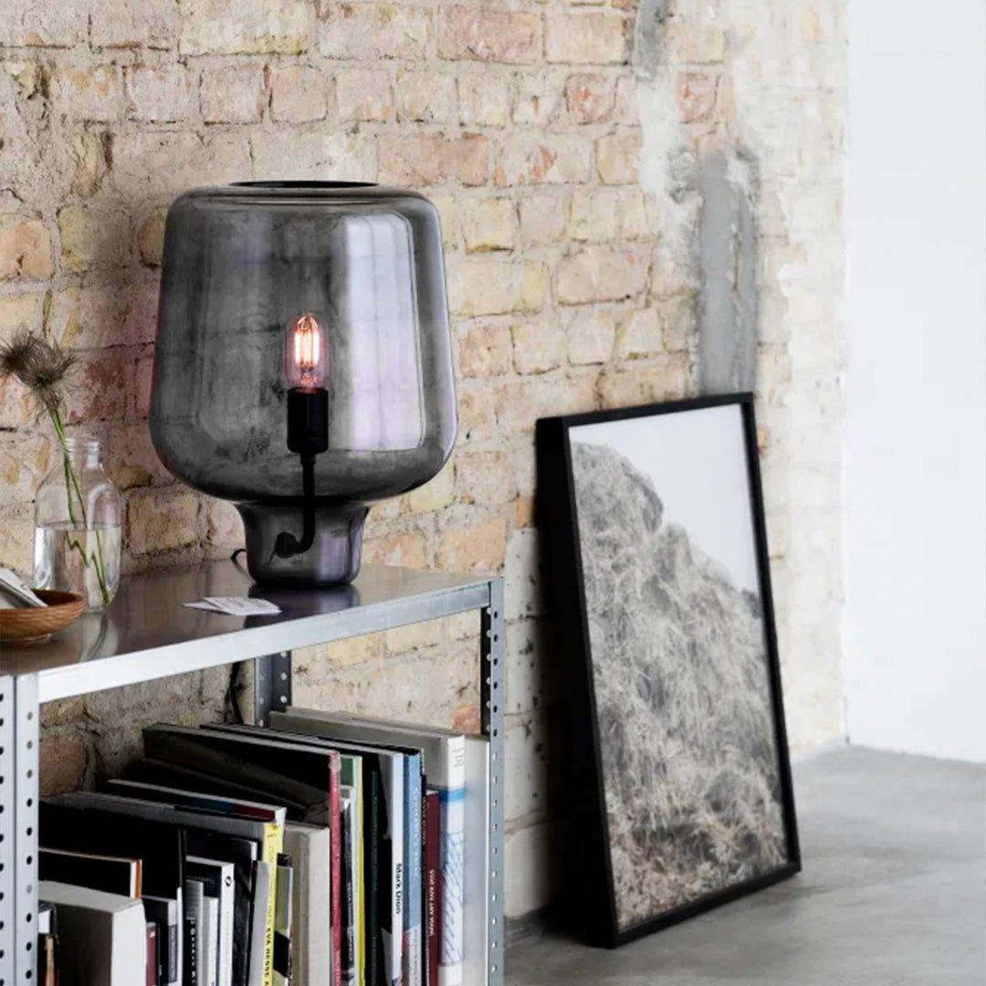 Modern Smoke Gray Glass Lantern Table Lamp with Contemporary Metal Frame for Bedside and Living Room