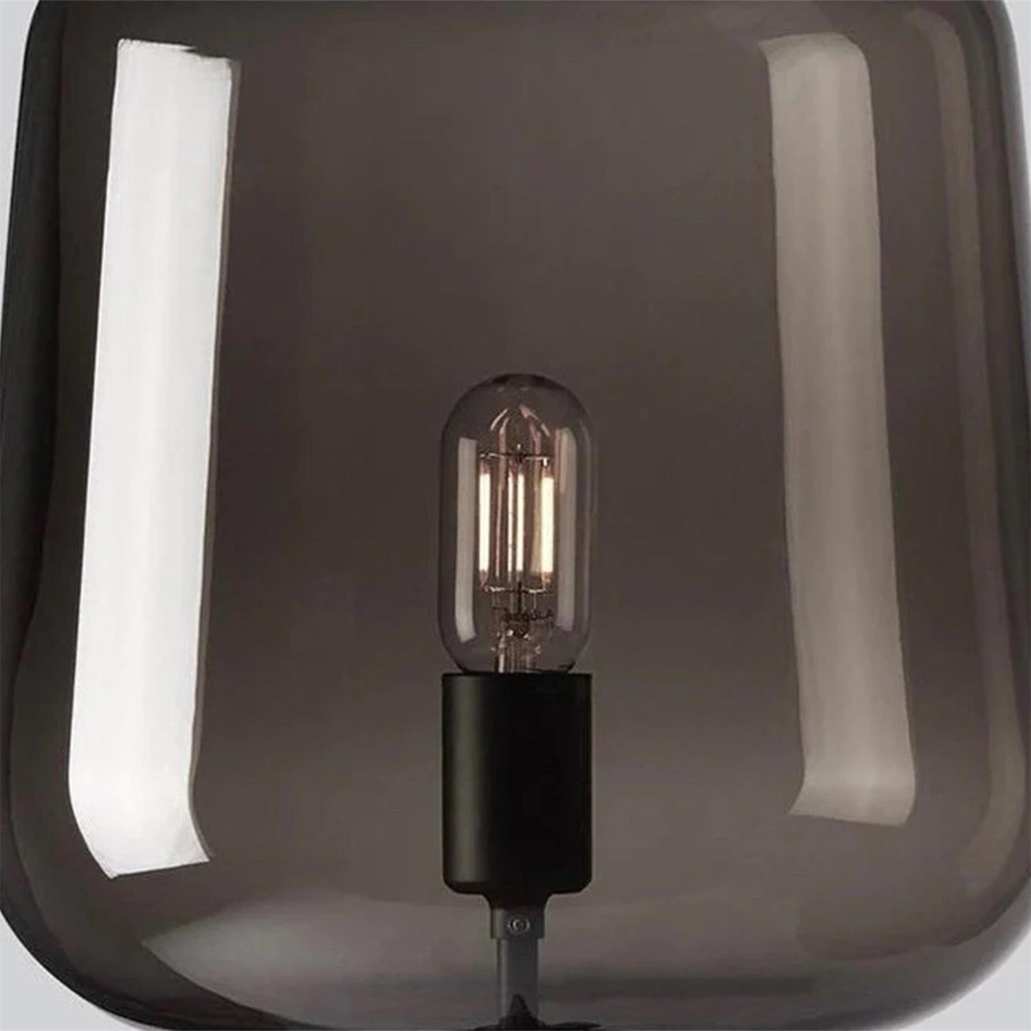 Modern Smoke Gray Glass Lantern Table Lamp with Contemporary Metal Frame for Bedside and Living Room