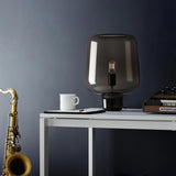 Modern Smoke Gray Glass Lantern Table Lamp with Contemporary Metal Frame for Bedside and Living Room