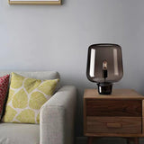 Modern Smoke Gray Glass Lantern Table Lamp with Contemporary Metal Frame for Bedside and Living Room