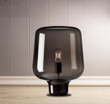 Modern Smoke Gray Glass Lantern Table Lamp with Contemporary Metal Frame for Bedside and Living Room