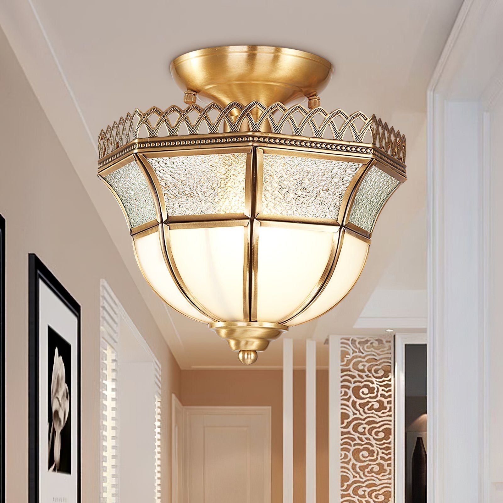 vintage-tiffany-style-brass-ceiling-light-white-glass-shade-semi-flush-mount-fixture