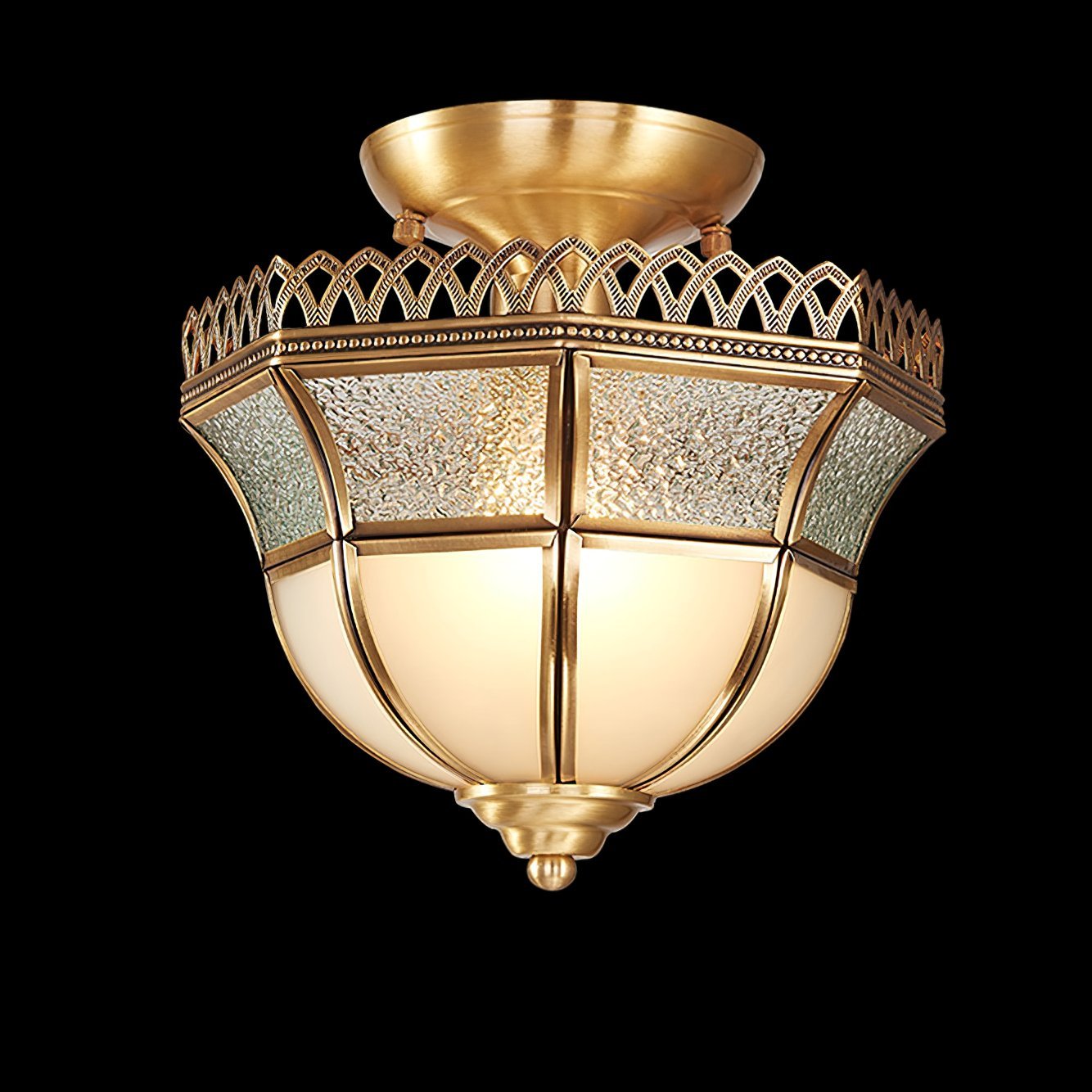 vintage-tiffany-style-brass-ceiling-light-white-glass-shade-semi-flush-mount-fixture