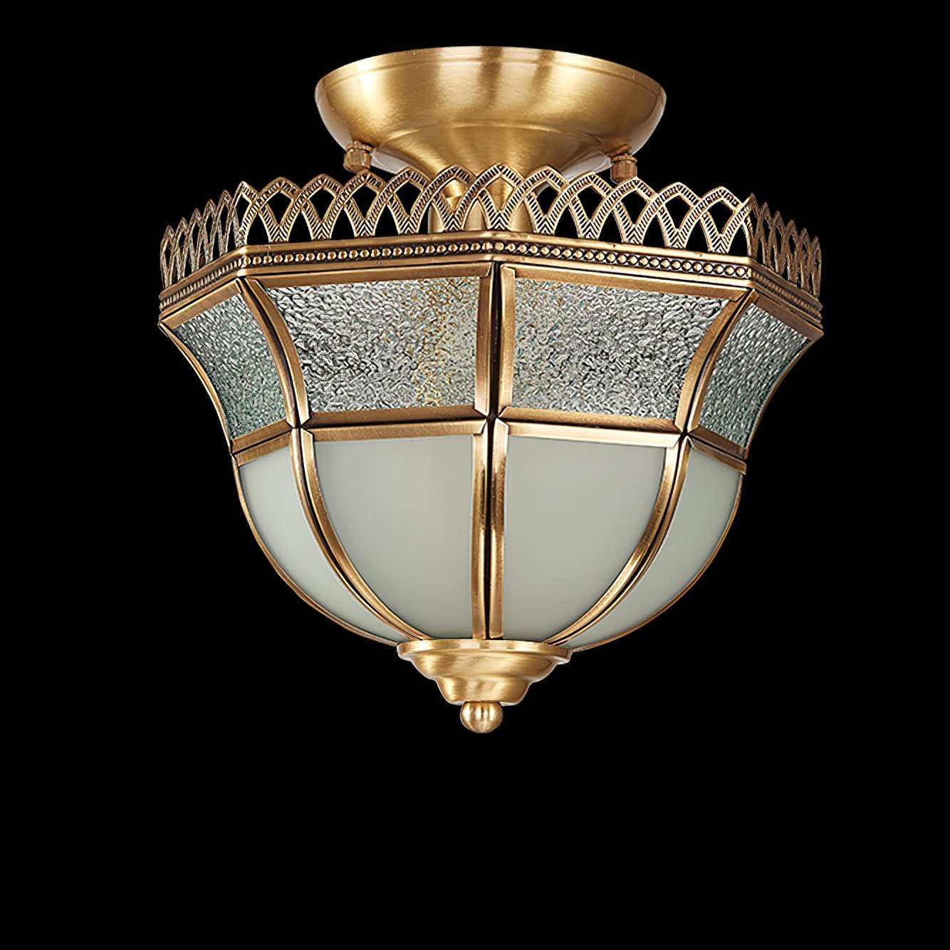 vintage-tiffany-style-brass-ceiling-light-white-glass-shade-semi-flush-mount-fixture