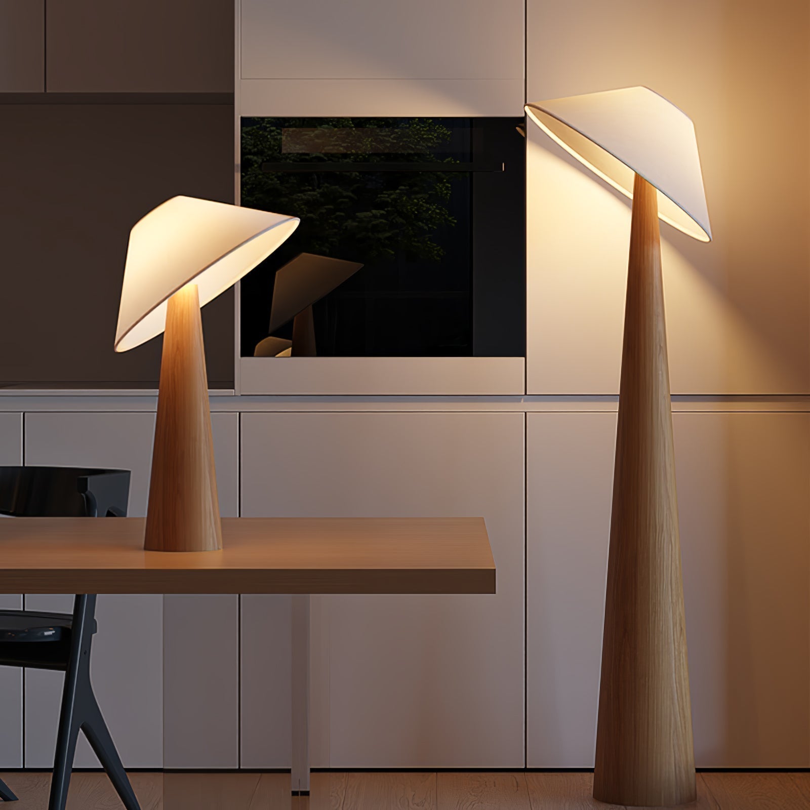 Modern Scandinavian Wooden Floor Lamp with Tilt Hat Fabric Shade Standing Light