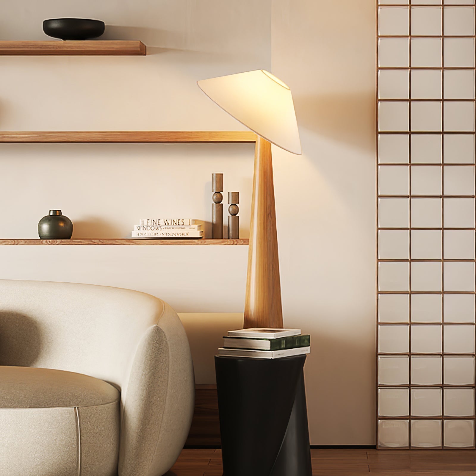 Modern Scandinavian Wooden Floor Lamp with Tilt Hat Fabric Shade Standing Light