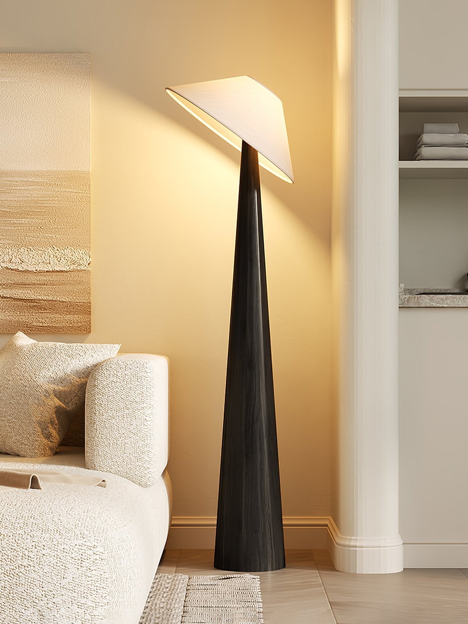 Modern Scandinavian Wooden Floor Lamp with Tilt Hat Fabric Shade Standing Light