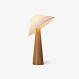 Tilt Hat Wooden Table Lamp with Conical Solid Wood Base and Triangular Fabric Shade for Modern Interiors