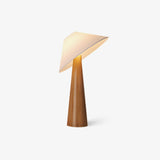 Tilt Hat Wooden Table Lamp with Conical Solid Wood Base and Triangular Fabric Shade for Modern Interiors