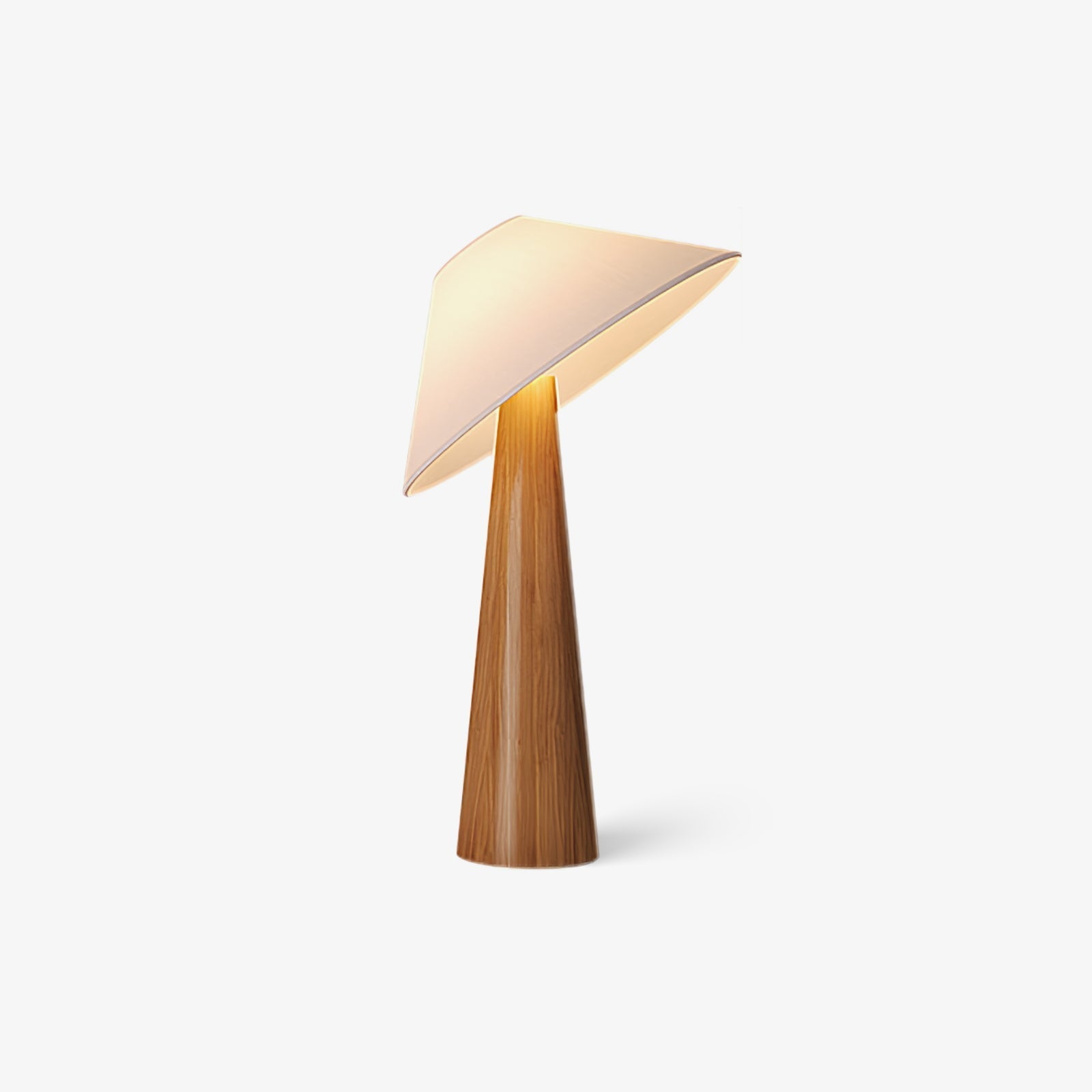 Tilt Hat Wooden Table Lamp with Conical Solid Wood Base and Triangular Fabric Shade for Modern Interiors
