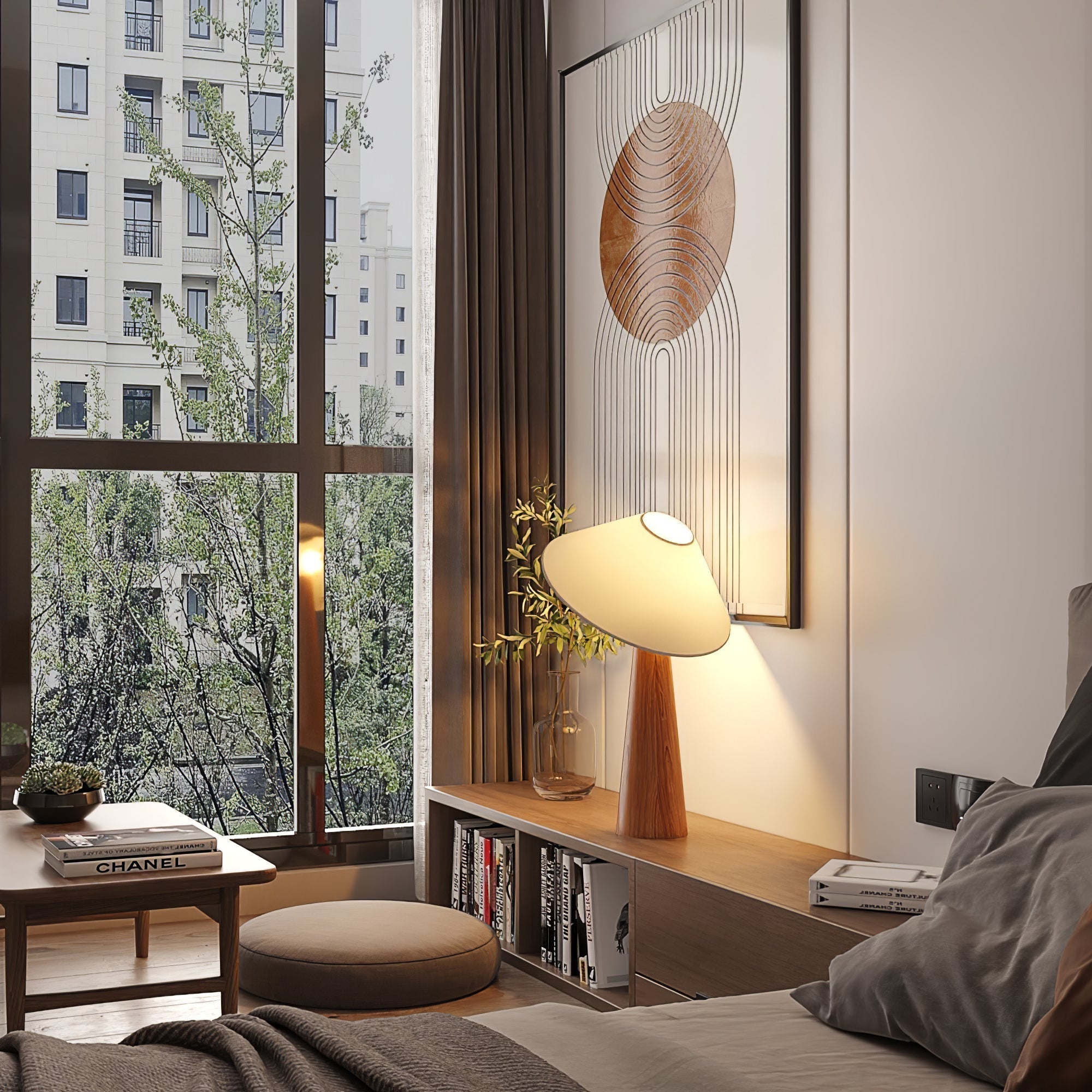 Tilt Hat Wooden Table Lamp with Conical Solid Wood Base and Triangular Fabric Shade for Modern Interiors